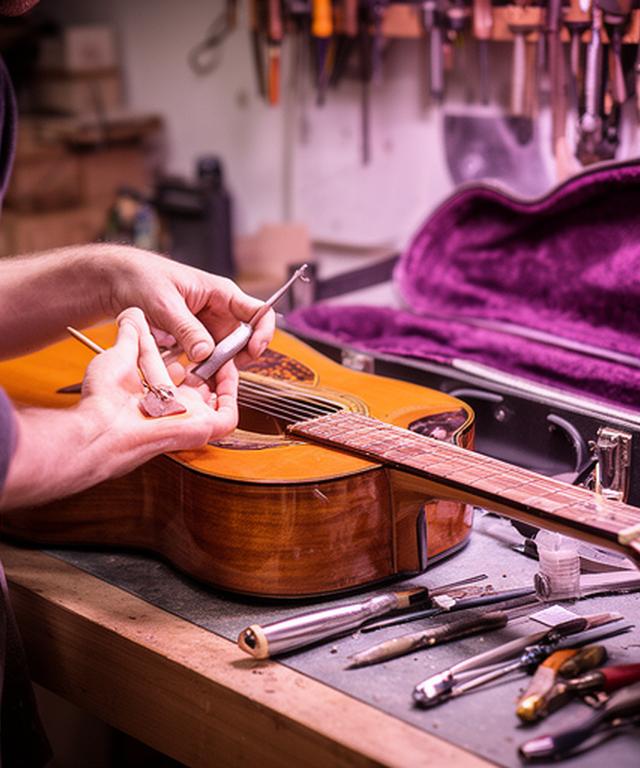 Luthier local reparando una guitarra en el taller, con herramientas finas y estuche abierto sobre la mesa