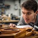 Aprendiz observando una tapa armónica mientras toma notas en un taller de fabricación musical