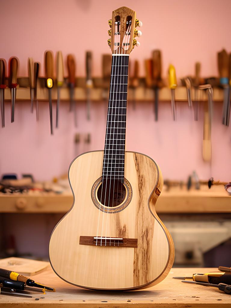 Guitarra criolla apoyada en el taller, con veta de madera clara y herramientas ordenadas alrededor