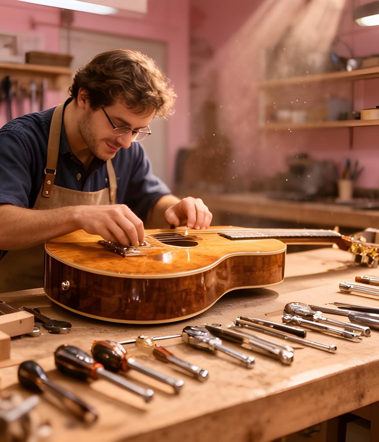 Técnico trabajando en un instrumento musical en un taller luminoso de Morteros, con herramientas ordenadas y ambiente cálido