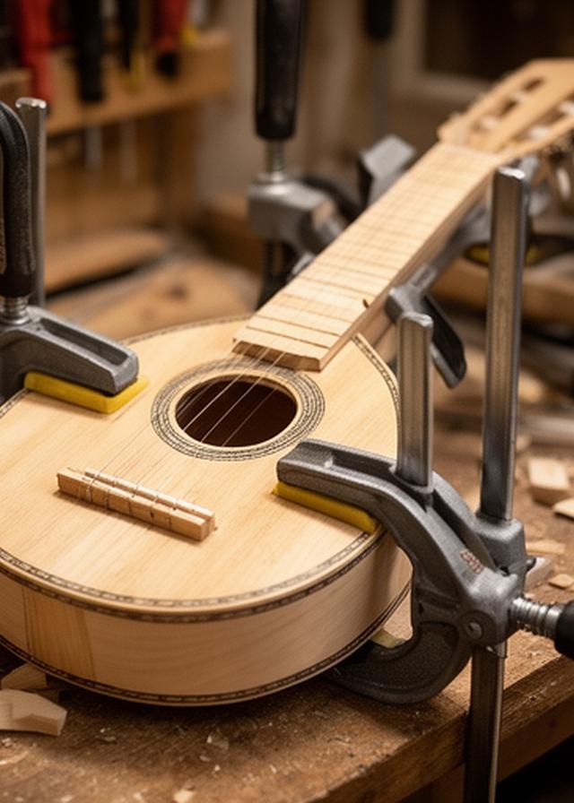 Charango en construcción con abrazaderas, mástil sin terminar y detalle artesanal en el taller