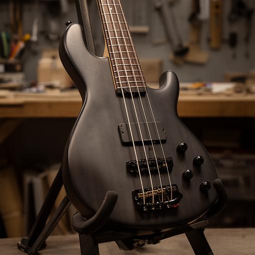 Bajo eléctrico apoyado en soporte de taller, con cuerpo oscuro y cuerdas listas para prueba de sonido