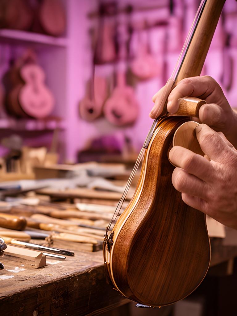 Luthier trabajando en un instrumento de madera nativa dentro del taller, con herramientas prolijas y acabado colorido